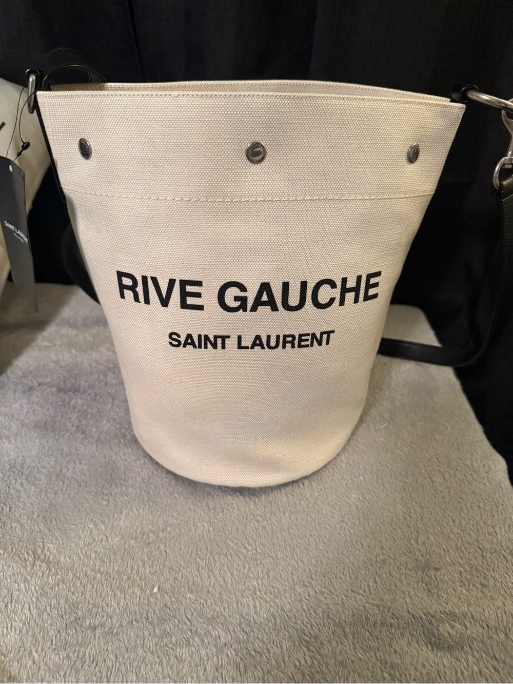 Saint Laurent Rive Gauche Canvas Bucket Bag in Beige and Black